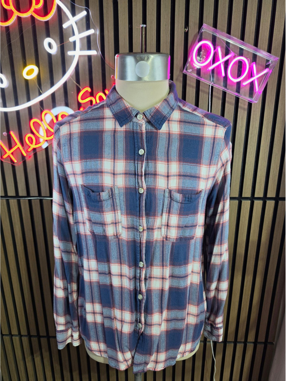 Mossimo Supply Co. Men's 2XL Blue Plaid Flannel Long Sleeve Button-Up Pockets